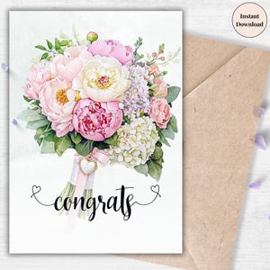 Congrats Wedding Bouquet Printable - Elegant Pastel Floral Greeting, Digital Marriage Gift, Romantic Newlywed Keepsake, Instant Download