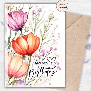 Delicate Wildflower Birthday Card – Soft Watercolor Tulips and Blooms for Wife, Daughter, Woman, Mom, Teacher and Spring Birthday Printables