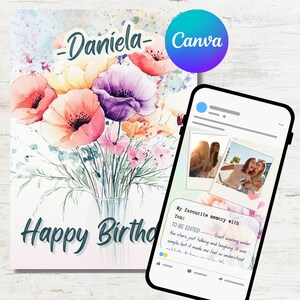 Gepersonaliseerde aquarel verjaardagskaartsjabloon voor Canva | Bewerkbare kaart met persoonlijke notities en foto's | Kaart met aquarelbloemen