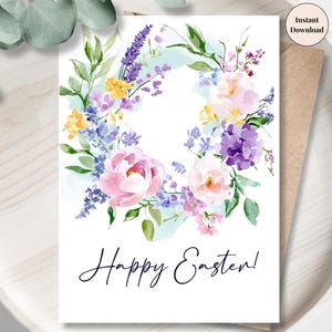 Happy Easter Wreath Printable Card - Pastel Watercolor Floral Design, Spring Holiday Digital Card, Instant DIY Easter Greeting Download Hers