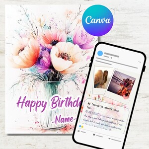 Plantilla de acuarela para tarjeta de cumpleaños personalizada para Canva / Tarjeta editable con notas y fotos personales / Tarjeta con flores de acuarela
