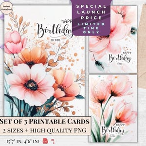 Alles Gute zum Geburtstag Karte | Druckbare Blumenstrauß E Karte für Sie, sofortiger Download Pfingstrose & Tulpe Design, Natur-Liebhaber-Geschenk | Pastell zart geblümt
