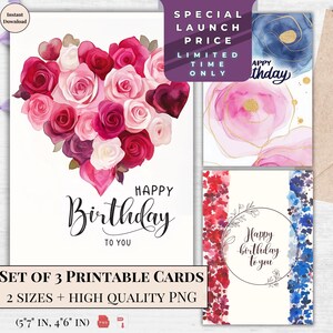 Alles Gute zum Geburtstag Karte - Druckbare Blumen Herz & Blumen Illustration Karte, Sofort Download für Sie und Naturliebhaber | Atemberaubender Blumendruck