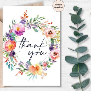 Thank You Wreath Card – Elegant Watercolor Floral Circle Design Printable for Weddings, Events, Gifts, Friend, Family, Co-worker or Customer