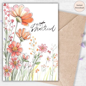 Just Married Wedding Card - Rustic Floral Printable, Wildflower Digital Greeting, Romantic Newlywed Keepsake, Bride & Groom Instant Download