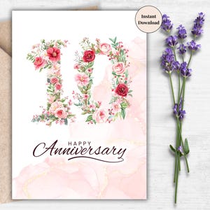 Biglietto stampabile per il 10° anniversario: elegante design floreale con numeri per coppia, saluto romantico per lei, moglie, fidanzata, marito o partner
