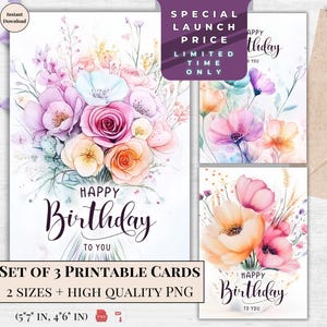 Conjunto de cartões de aniversário para impressão - Saudação floral em aquarela - Presente digital para ela | Buquê pastel | Impressão artística de peônias e rosas | Bright B-day