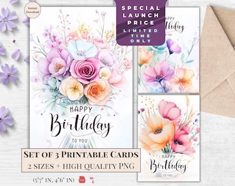 Watercolor Floral Birthday Card Set: Peonies & Roses (Digital Download)