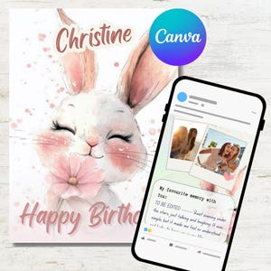 Personalisierte Geburtstag E-Card Aquarell Vorlage für Canva | Bearbeitbare Karte mit persönlichen Notizen und Fotos | Aquarell niedliche Häschen Karte