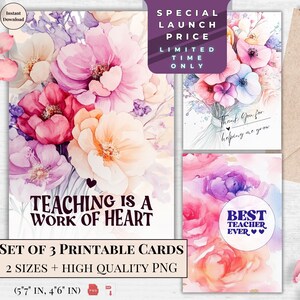 Ensinar é um trabalho de coração – cartões de agradecimento ao professor para impressão, cartões de felicitações florais em aquarela, agradecimento ao professor, download instantâneo