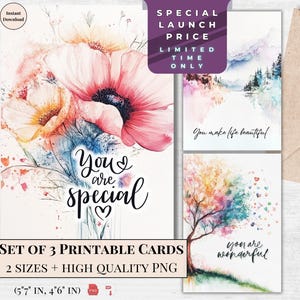 Cartão de felicitações para impressão de natureza em aquarela | Download digital You are Special | Conjunto de 3 designs florais em tons pastel | Arte Mountain View | Buquê