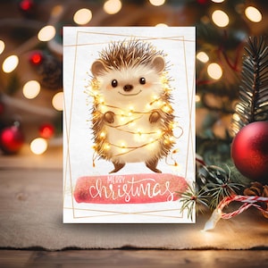 Cartão de Natal Ouriço para Imprimir | Cartão Eletrônico de Luzes de Natal | Saudação de Natal de Ouriço Fofo | Download Digital PDF PNG | Cartão Eletrônico de Saudação