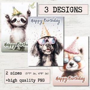 Cartão de aniversário Aquarela Animais fofos Cartões de felicitações para impressão Pacote de 3 designs | Download digital | Ecard Aniversário Design moderno e elegante