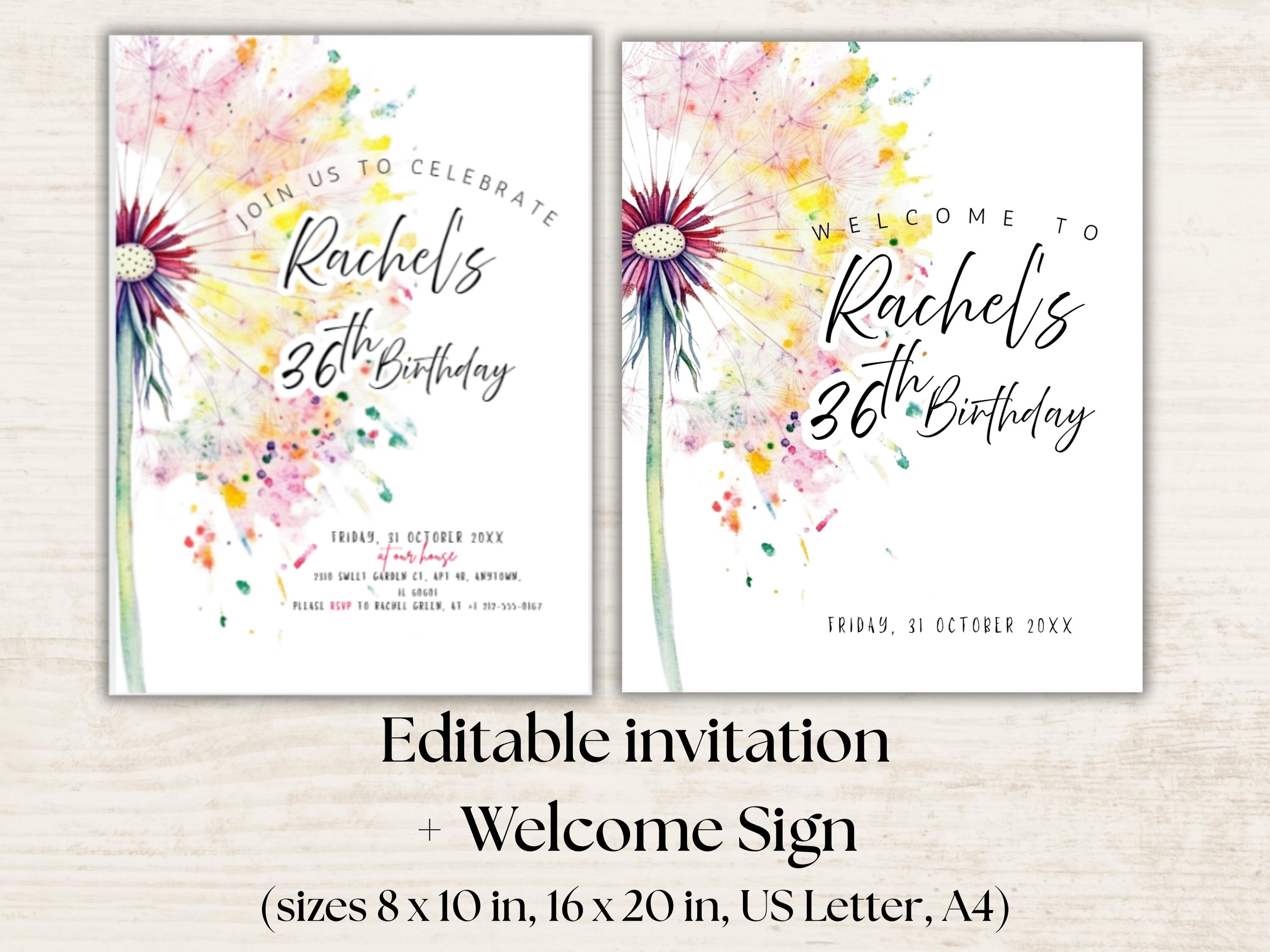 Invite Sign Dandelion Pastel Birthday Invitation Set: Canva Template (digital ...