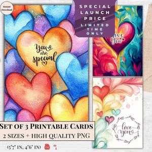 Biglietti di auguri di San Valentino ad acquerello / Pacchetto di 3 eleganti disegni a forma di cuore / Ecard I Love You / Download digitale per uso immediato / Per lui e lei