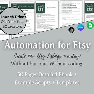 Può includere: Copertina di un ebook intitolata "Automation for Etsy" con il testo "Crea oltre 100 annunci Etsy in un giorno!" e "50 pagine di ebook dettagliato + Esempi di script + Modelli". L'immagine include i titoli dei capitoli e un'offerta di prezzo di lancio.