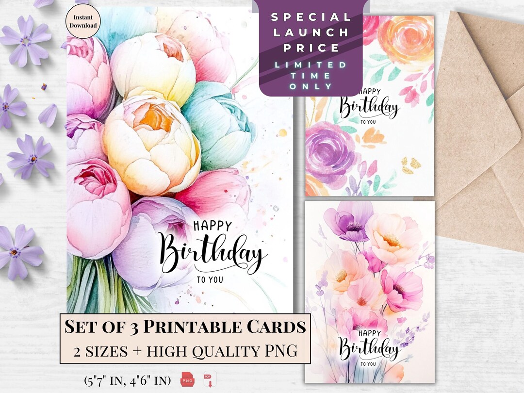 Watercolor Floral Birthday Card Set: Peonies & Tulips (digital Download ...