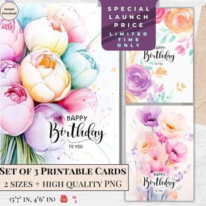 Conjunto de cartões de aniversário em aquarela | Cartões de feliz aniversário para imprimir para ela | Design floral fofo e flores em tons pastéis suaves | Buquê de peônias e tulipas