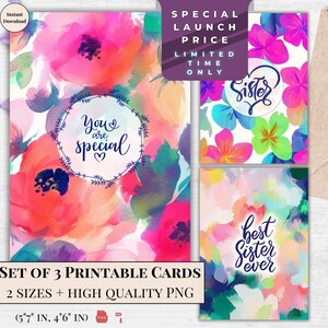 Ensemble de cartes imprimables Meilleure soeur de tous les temps - Art floral aquarelle vibrant - Vous êtes citation spéciale - carte de voeux numérique soeur lumineuse et gaie