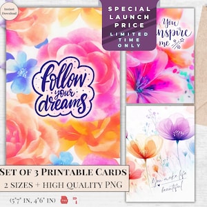 Juego de tarjetas de felicitación digitales: notas de aliento con acuarela para imprimir: tarjetas de cumpleaños y de amor / Sigue tus sueños por ella / Me inspiras