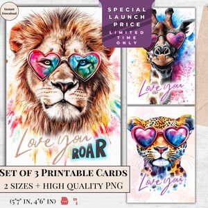 Paquete de 3 diseños de tarjetas de felicitación de San Valentín para imprimir en acuarela / Tarjeta electrónica con animales geniales en acuarela / Descarga digital / Diseño salvaje y audaz