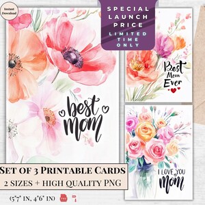 Melhor conjunto de cartões para impressão para mães – Cartões de felicitações digitais florais – Presente atencioso para a mãe – Download instantâneo para o dia das mães ou seu aniversário