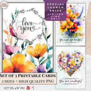 Biglietti di auguri con citazioni d'amore stampabili ad acquerello / Set di 3 disegni floreali / Cuori di San Valentino / Download digitale / Ecard Stampa moderna elegante