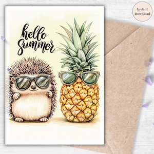 Hello Summer Printable – Adorable Hedgehog Duo with Pineapple in Sunglasses, Funny and Cute Summer Greeting Card | Birthday Greeting for Him