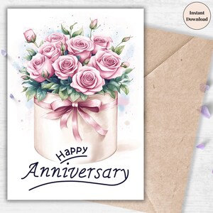 Elegante biglietto di anniversario con scatola di rose – Biglietto floreale rosa di lusso stampabile per lei, moglie o fidanzata / Biglietto d'amore digitale romantico per coppie