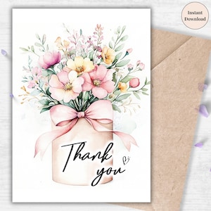 Thank You Card with Soft Bouquet and Ribbon – Printable Elegant Greeting for Family, Bridesmaid, Co-worker, Friend | For Her Mom Aunt Wife