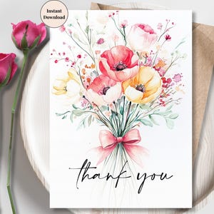 Aquarell Blumenstrauß Dankeskarte - Druckbare Grußkarte mit rosa Schleife, ideal für Lehrer, Familie, Freunde oder Kollegen | Geschenk für Sie