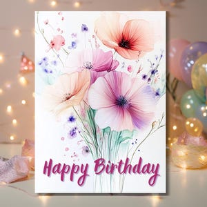 Elegante Cartão Eletrônico Floral Aquarelado: Saudação Digital de Aniversário Imprimível para Download Instantâneo | Cartão de Feliz Aniversário Imprimível