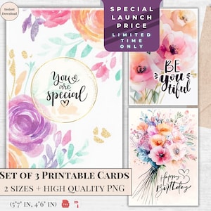 Conjunto de cartões de aniversário florais para impressão | Você é especial | Peônias e flores silvestres em aquarela | Download digital instantâneo | Flores de jardim para ela