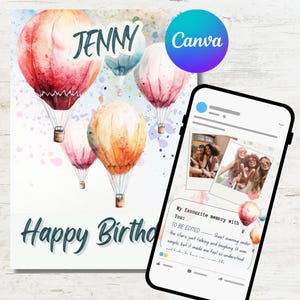 Plantilla de acuarela para tarjeta de cumpleaños personalizada en formato electrónico para Canva / Tarjeta editable con notas y fotos personales / Tarjeta con globos de acuarela