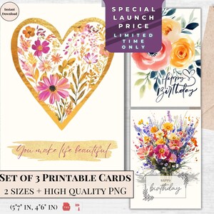 Carte d'anniversaire élégante - carte de joyeux anniversaire imprimable pour elle, téléchargement numérique avec coeur en or et beau bouquet en téléchargement instantané