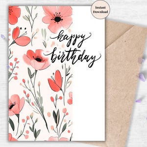 Red Wildflower Birthday Card – Modern Bold Printable with Poppies and Leaves, Unique Floral Card for Wife, Mom, Daughter, Aunt, Teen Girl