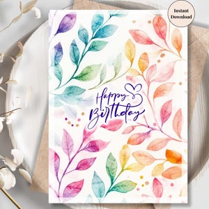 Rainbow Watercolor Birthday Card – Printable LGBTQ+ Birthday Card, Inclusive Digital Greeting for Pride, Colorful Leaf Art Instant Download