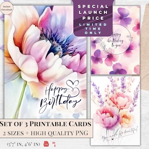 Pastell Geburtstagskarte - Druckbare Happy Birthday Ecard mit Pfingstrosen | Elegante digitale Karte für Sie, sofort download