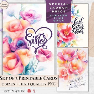 Afdrukbare kaartenset beste zus ooit - aquarel tulpen en wilde bloemenkunst - liefdesgroet zus - vrouwelijk bloemen digitaal cadeau voor haar