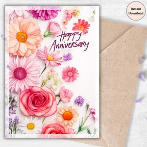 Tarjeta de aniversario imprimible con arreglo floral: una felicitación digital impresionante para ella, un regalo romántico para tu pareja, descarga fácil e instantánea.