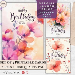 Pacote de cartões de aniversário florais - impressões em aquarela de flores de cerejeira - saudações digitais | buquê pastel | cartão eletrônico de aniversário de arte moderna