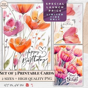 Cartões de Aniversário de Flores Silvestres | Cartões de Felicitações Florais para Imprimir | Download Digital de Feliz Aniversário | Presente Elegante de Aquarela DIY para Ela Mulher