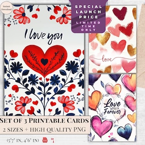 Pacote de cartões de felicitações de dia dos namorados para impressão em aquarela com 3 designs | Cartão eletrônico Eu te amo | Download digital | Cartão eletrônico Coração Design moderno e elegante