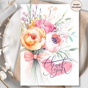 Elegante rosa und pfirsichfarbene Blumen-Dankeskarte - druckbare Grußkarte für Hochzeiten, Kunden, Brautjungfern, Familie - für die beste Mutter, Schwester oder Tante