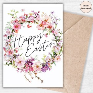 Floral Easter Wreath Card Printable - Vintage Spring Holiday Greeting, Hand-Painted Watercolor Design, DIY Instant Download Card for her