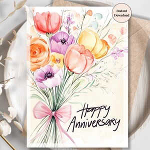 Karta rocznicowa Pastel Tulip – do wydrukowania karta kwiatowa dla niej, romantyczny cyfrowy prezent dla żony, partnerki lub dziewczyny | Przemyślana e-kartka prezentowa