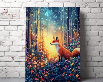 Fox in Enchanted Forest Printable Wall Art - Magical Woodland Animal Painting, Nature Landscape Print, Digital Fox Illustration 25