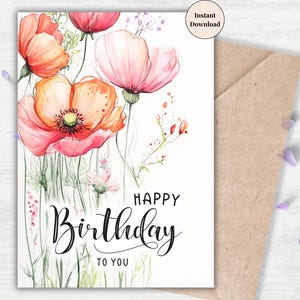 Watercolor Red Poppies Birthday Card – Elegant Floral Printable for Women, Friends, Moms, Family or Teachers Who Appreciate Nature’s Beauty