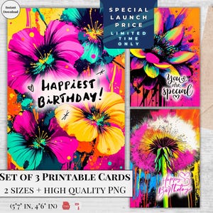 Tarjetas de felicitación de cumpleaños imprimibles de neón / Juego de 3 diseños / Deseos de flores llamativas y brillantes / Descarga digital / Diseño moderno y elegante de diente de león