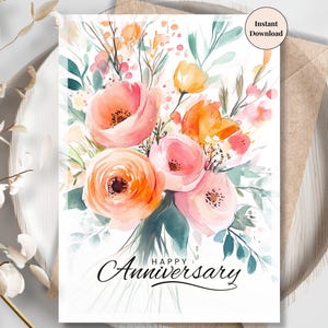 Tarjeta de aniversario con flores coral: un romántico ramo de acuarela para ella, esposa o novia. Descarga digital. Tarjeta de regalo de última hora.